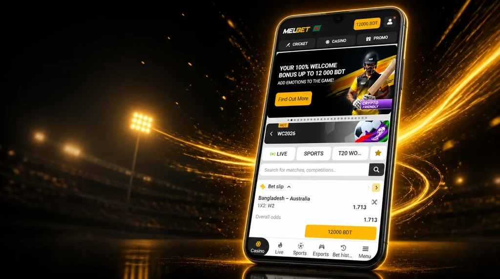 Melbet app betting interface with live odds and bet slip on a smartphone in Bangladesh