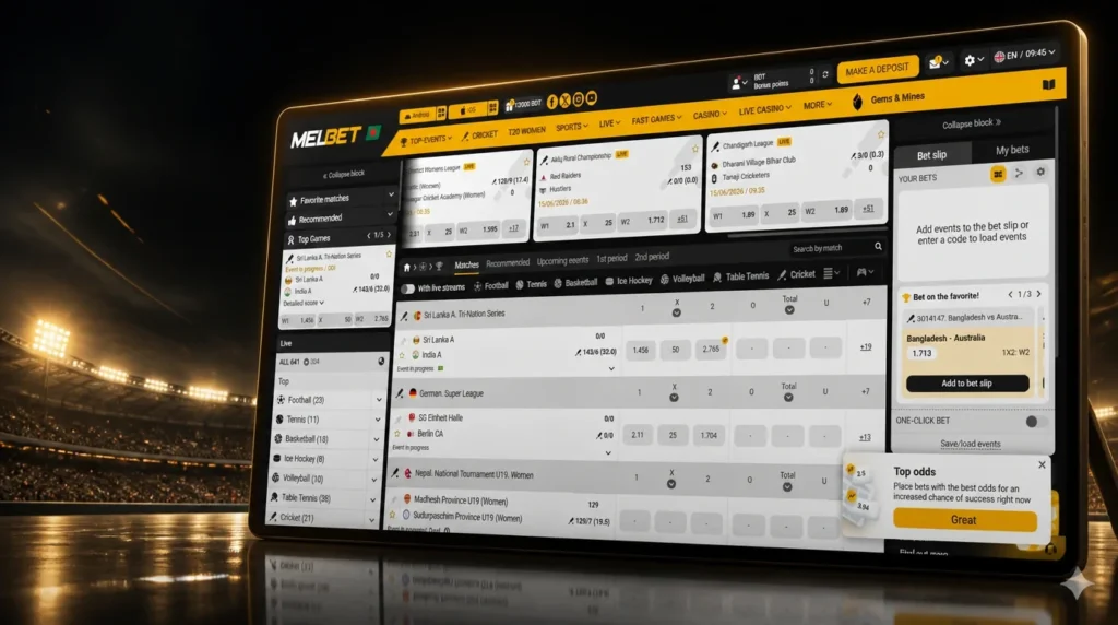 Melbet live betting interface showing cricket markets, live odds and bet slip in Bangladesh