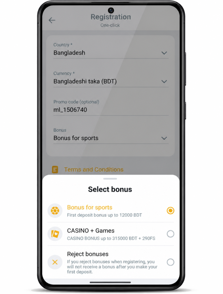 Melbet registration and bonus selection on a smartphone