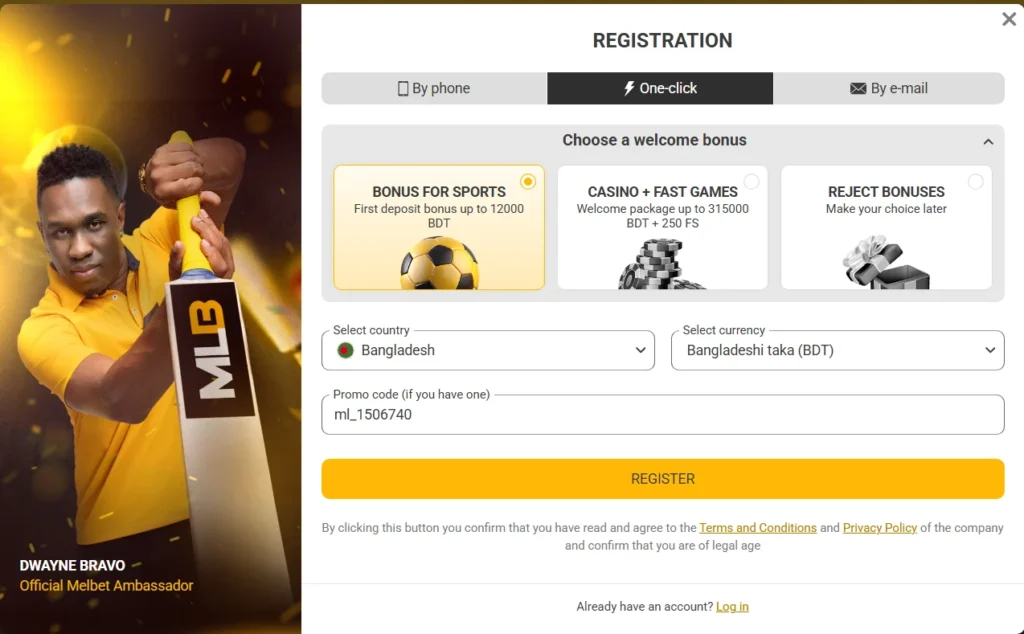 Melbet registration form for Bangladesh with three sign-up tabs, bonus type selection and promo code ml_1506740 entered
