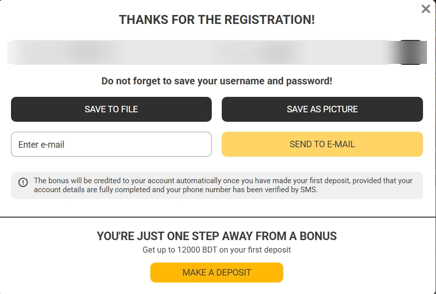 Melbet Bangladesh registration confirmation screen prompting a first deposit to unlock the welcome bonus