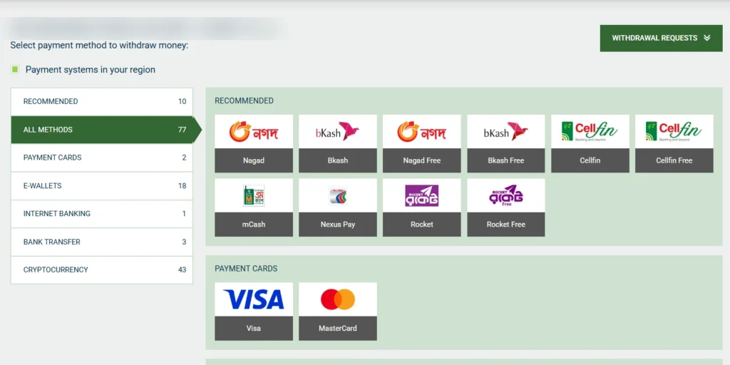 Melbet Bangladesh cashier showing bKash, Nagad, Rocket, CellFin and card withdrawal methods