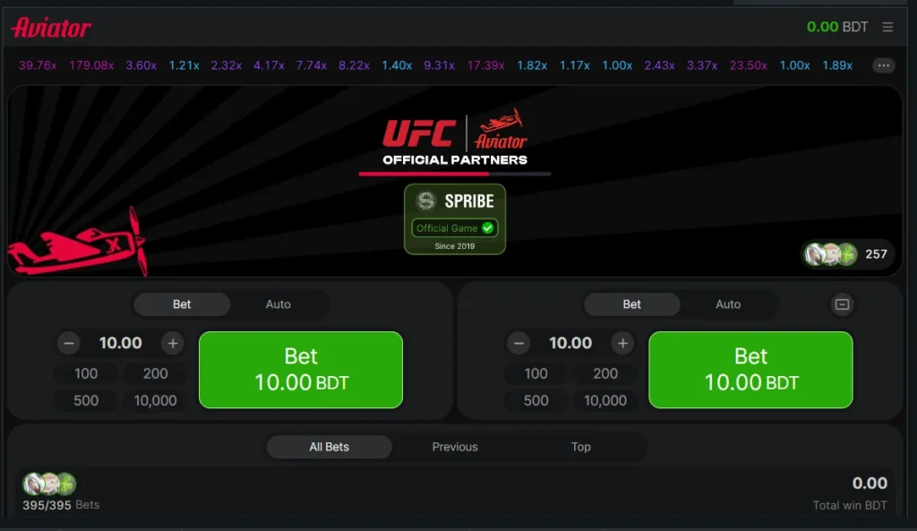Aviator betting panels at Melbet with a 10 BDT stake and 100 to 10,000 BDT quick-stake presets