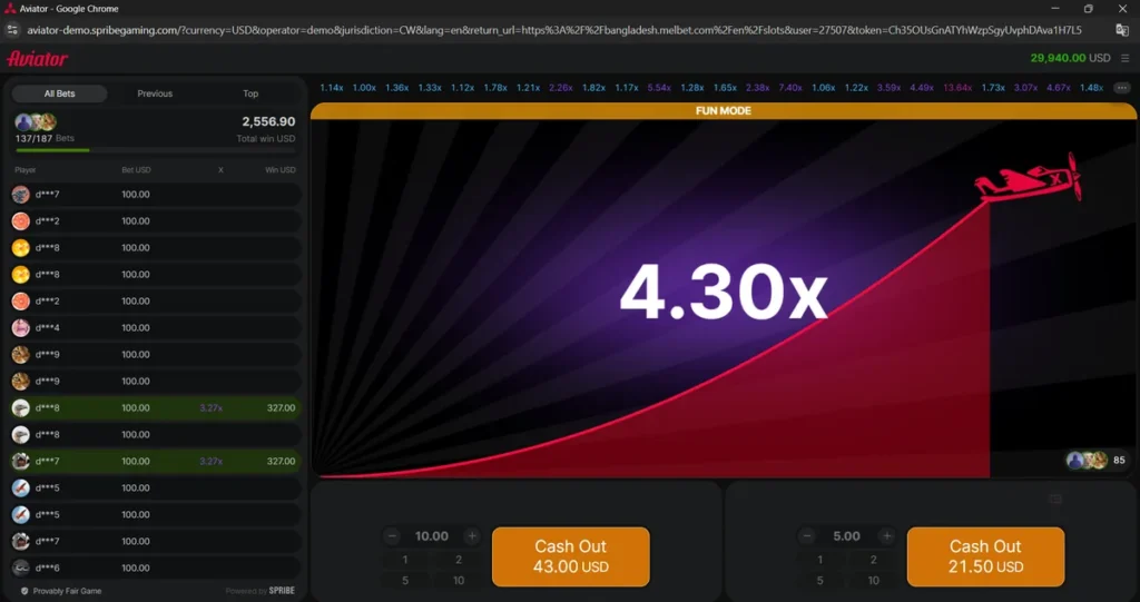 Aviator demo running in FUN MODE on a play-money USD balance