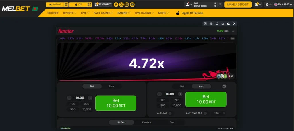 Melbet Bangladesh casino with Aviator open as an overlay at a 4.72x multiplier
