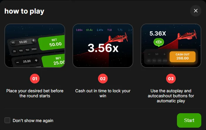 Built-in how to play card in Melbet Aviator showing the three round steps