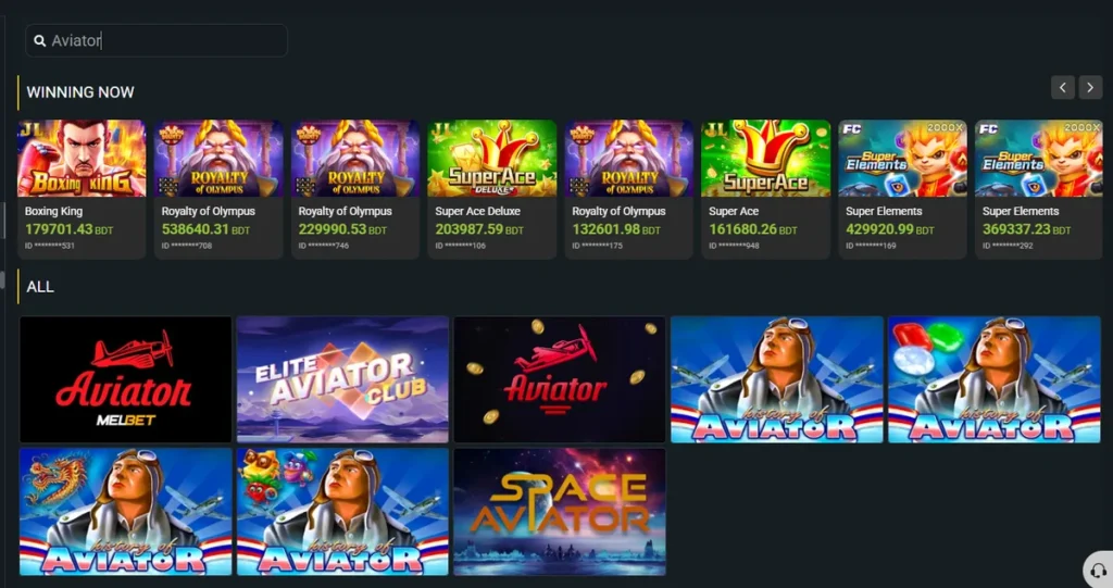 Search results for Aviator in the Melbet Bangladesh lobby showing eight game cards