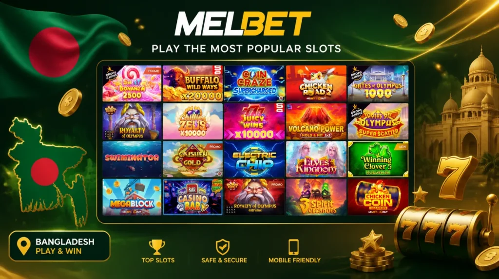 Melbet Bangladesh casino lobby with popular slots