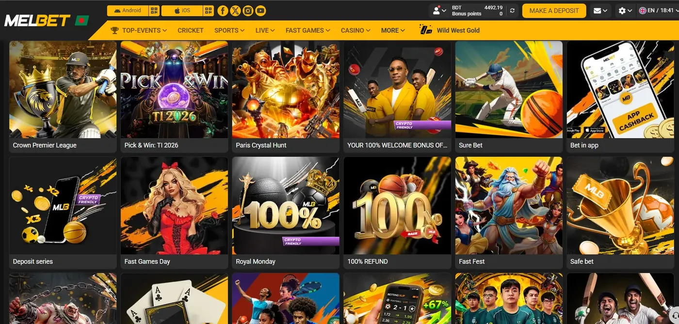 Melbet BD promotions page with deposit series, cashback and weekly offers