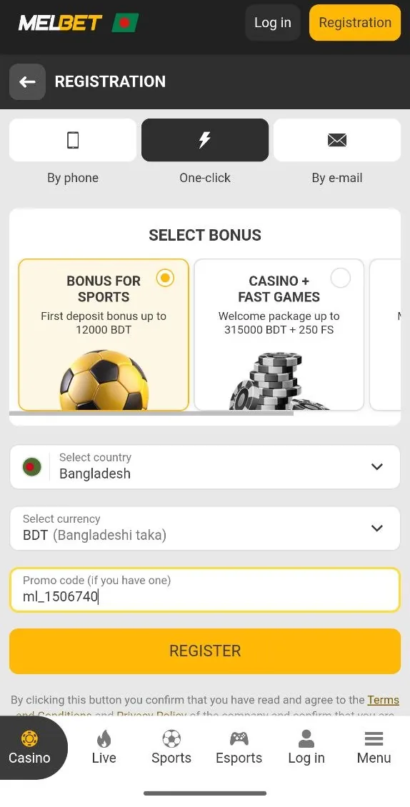 Melbet BD one-click registration form with promo code ml_1506740 entered