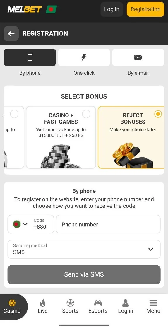 Melbet BD bonus selection screen with Reject Bonuses card highlighted