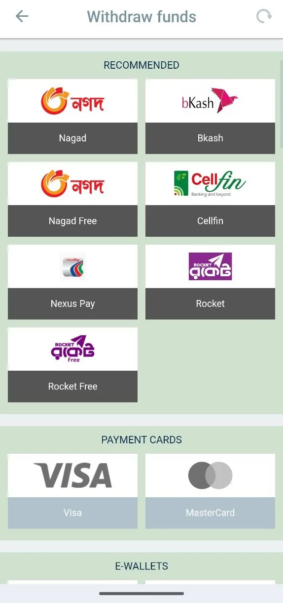 Melbet BD withdrawal screen with payment cards greyed out