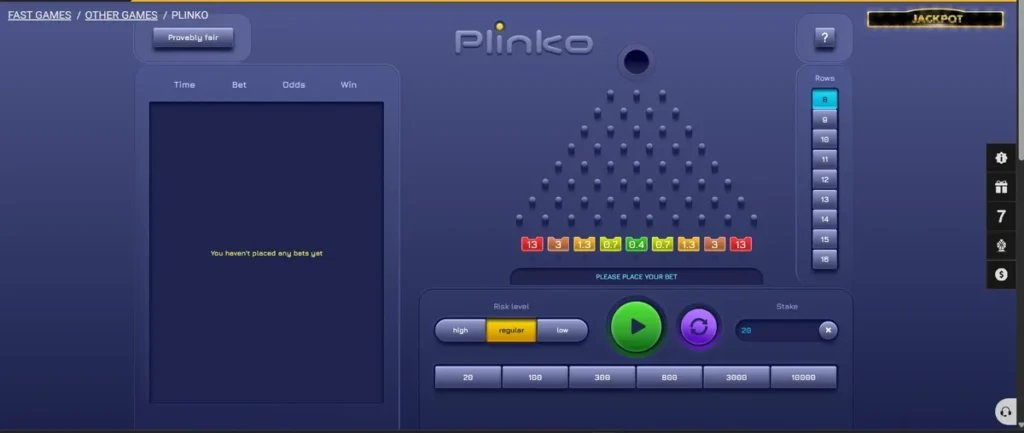 Melbet Fast Games Plinko board set to 8 rows and regular risk, with the payout strip 13, 3, 1.3, 0.7, 0.4 below the pin pyramid