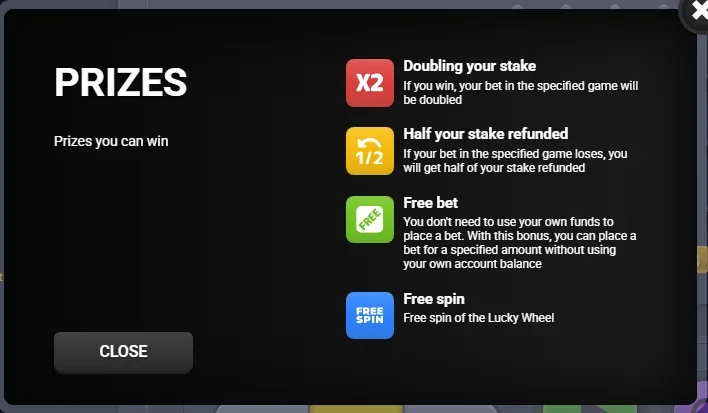 PRIZES panel in Melbet Fast Games Plinko listing X2 doubling, half stake refunded, free bet and free spin